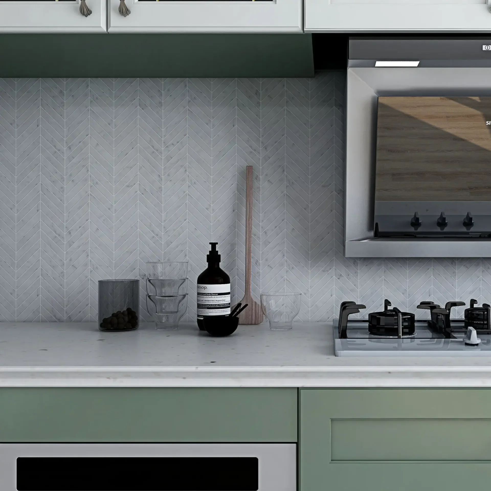 chevron marble tile backsplash